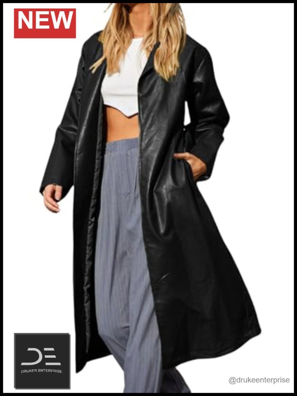 Women's Button Down Notch Collar PU Leather Trench Coat Faux Leather Jacket